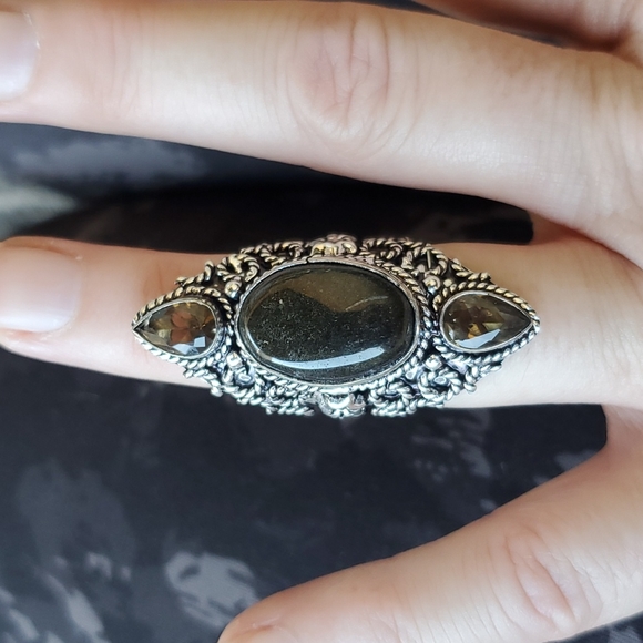 New Silver Sheen Obsidian & Smoky Topaz 925 Silver Statement Ring. - Picture 7 of 13
